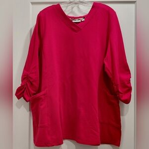 Susan Graver Sz 1X  Bright Red V-Neck Tunic Pockets 3/4 Ruched Sleeves